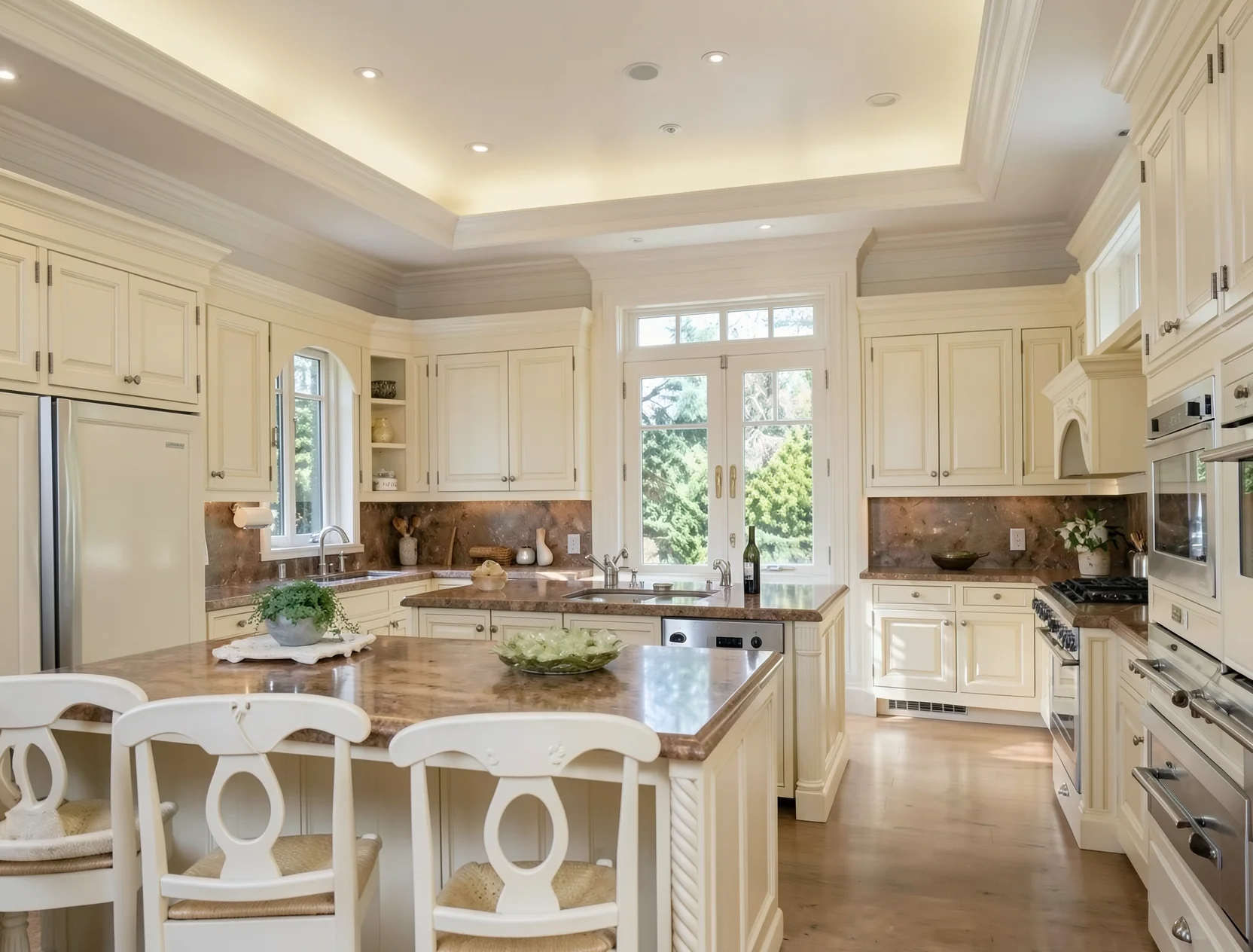 Classical kitchen with cream cabinetry, a large island bench and french doors to the garden